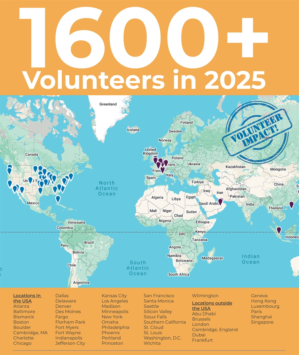 Map of the world showing volunteers located across the United States, Europe, the Middle East, and Asia.